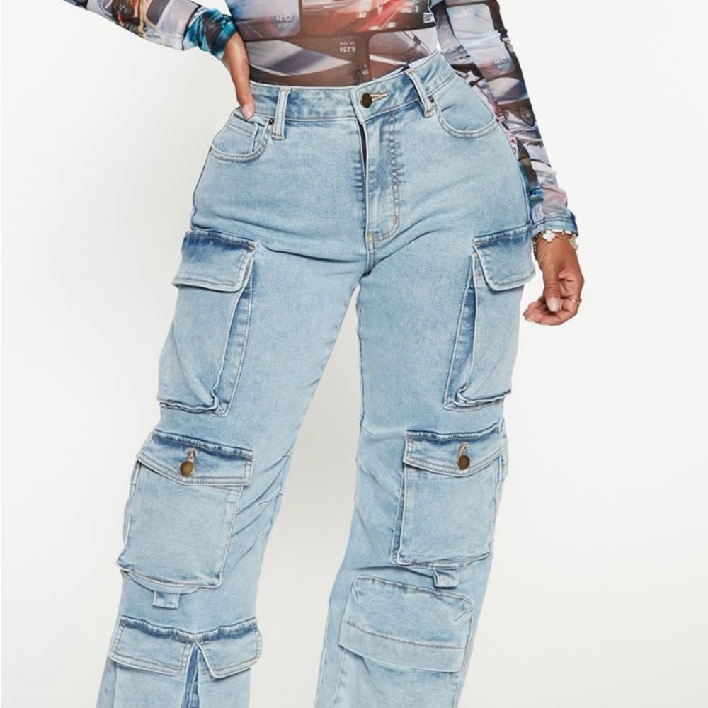 Fashion Nova Light Blue Flare Cargo Jeans
